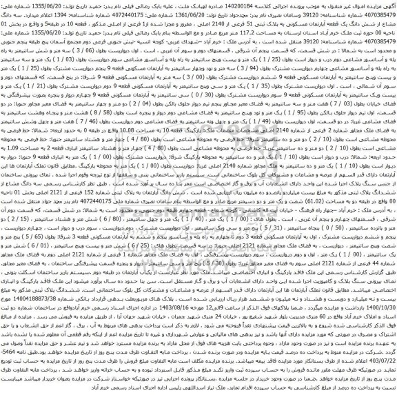 مزایده شش دانگ یک قطعه آپارتمان مسکونی به پلاک ثبتی 51 فرعی از 2140 اصلی