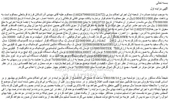 مزایده فروش 1- یک دستگاه کولر اسپلیت برند جنرال کیت 30000 مدل GK30WR به رنگ سفید به صورت کارکرده و...