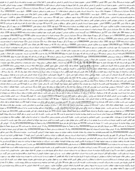 مزایده ششدانگ پلاک ثبتی 281 فرعی از 10599 اصلی ، مفروز و مجزا شده از فرعی از اصلی 