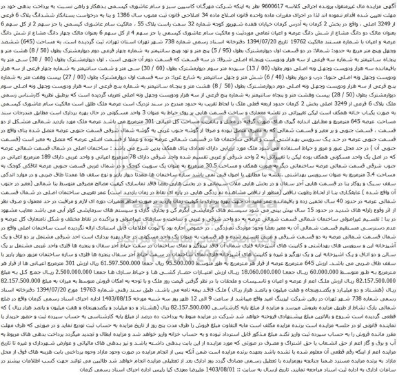 مزایده ششدانگ پلاک 6 فرعی از 3249 اصلی ، واقع در بخش 2 کرمان