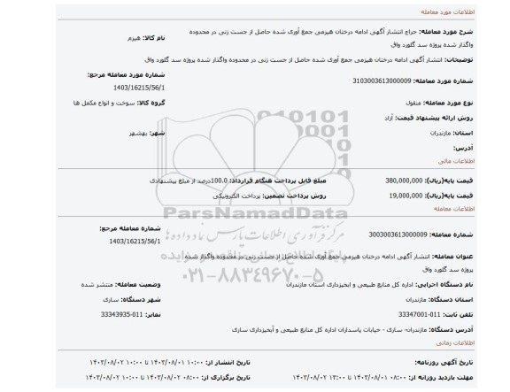 مزایده، انتشار آگهی ادامه درختان هیزمی جمع آوری شده حاصل از جست زنی در محدوده واگذار شده پروژه سد گلورد  واق