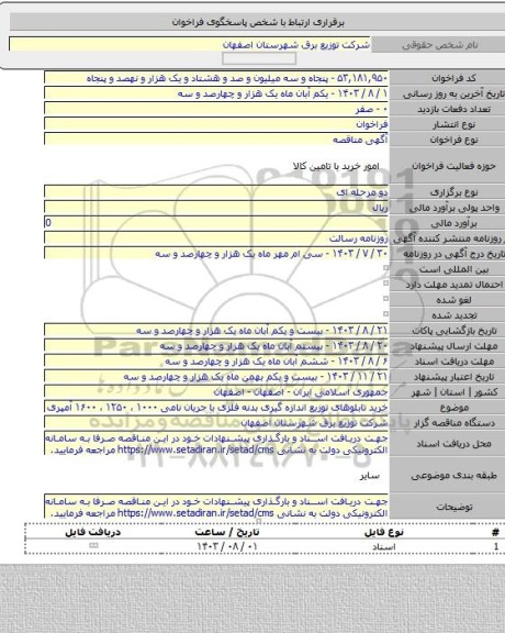 مناقصه, خرید تابلوهای توزیع اندازه گیری بدنه فلزی با جریان نامی ۱۰۰۰ ، ۱۲۵۰ ، ۱۶۰۰  آمپری