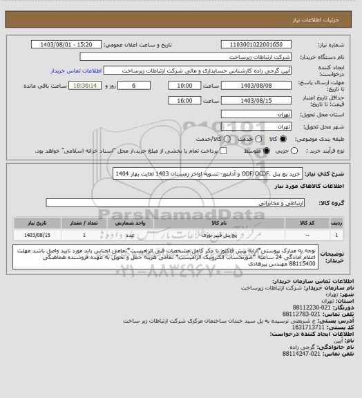 استعلام خرید پچ پنل ،ODF/OCDF و آداپتور-        تسویه اواخر زمستان 1403 لغایت بهار 1404