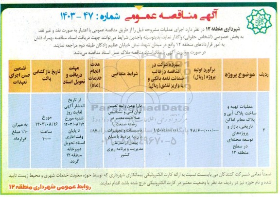مناقصه عملیات تهیه و ساخت پلاک آبی و پلاک معابر اماکن تاریخی،بازار، پروژه های توسعه محله ای