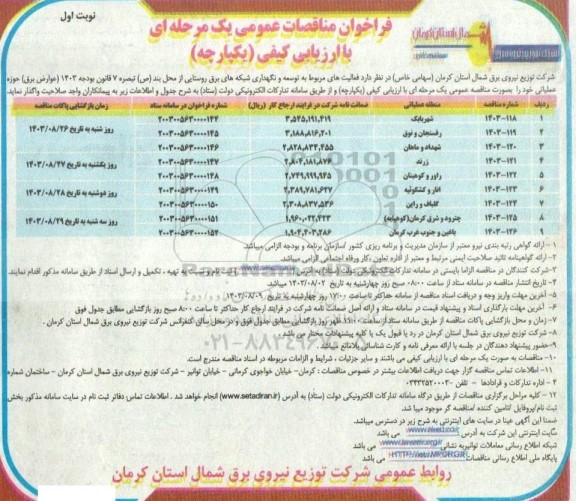 مناقصه  فعالیت های مربوط به توسعه و نگهداری شبکه های برق روستایی
