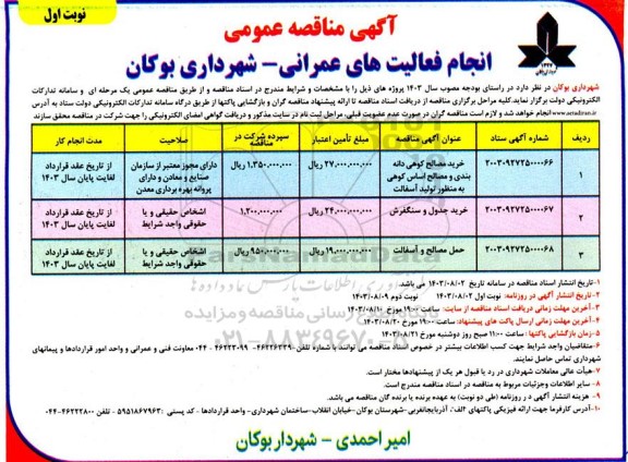 مناقصه انجام فعالیت های عمرانی...