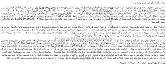 مزایده فروش ششدانگ عرصه و اعیان یکدستگاه آپارتمان مسکونی بشماره 8660 فرعی از 89 اصلی قطعه 12 تفکیکی مفروز و مجزی شده از 476 فرعی از اصلی