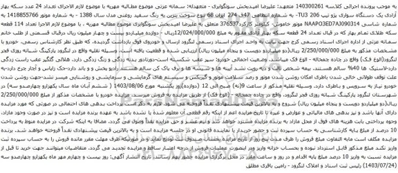 مزایده دستگاه سواری پژو 