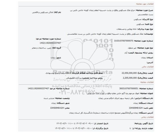 مزایده، ملک مسکونی واقع در پشت حسینیه اعظم زنجان کوچه حاجی نائبی بن بست غلامحسنی