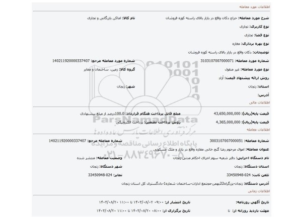 مزایده، دکان واقع در بازار بالای راسته کوزه فروشان