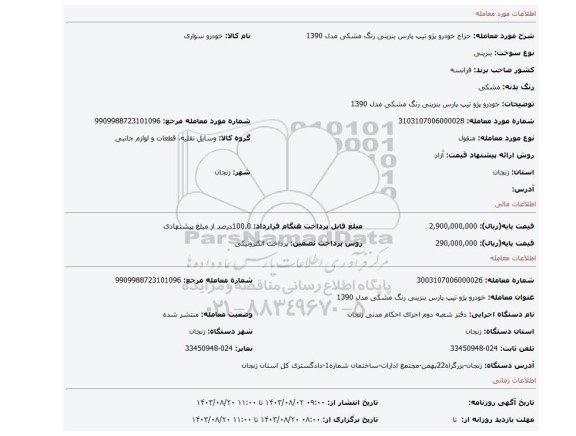 مزایده، خودرو پژو تیپ پارس بنزینی رنگ مشکی مدل 1390