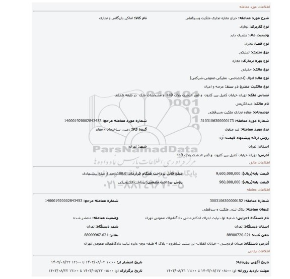 مزایده، مغازه تجاری ملکیت وسرقفلی