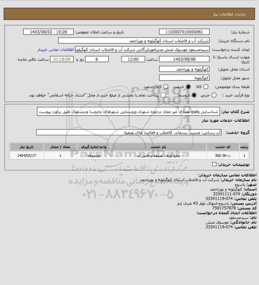 استعلام شناسایی وقطع مصارف غیر مجاز درحوزه شهری وروستایی شهرهای چاروسا ودیشموک طبق برآورد پیوست