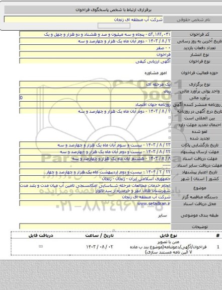مناقصه, انجام خدمات مطالعات مرحله شناسایی امکانسنجی تامین آب میان مدت و بلند مدت شهرستان های ابهر و خرمدره از سد تالوار