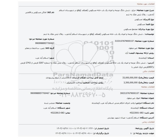 مزایده، ، شش دانگ عرصه و اعیان یک باب خانه مسکونی (همکف )واقع در شهرستان اسلام آبادغرب ، پلاک ثبتی ملک به شم