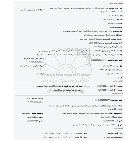 مزایده، فروش ملک(6دانگ سرقفلی1دربند مغازه در مشهد- خ شهید دیالمه5- پاساژ انقلاب )مساحت مغازه 22.12 متر مربع