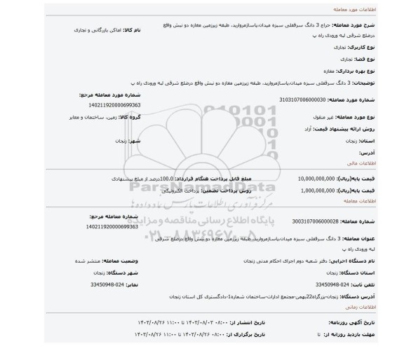 مزایده، 3 دانگ سرقفلی سبزه میدان،پاساژمروارید، طبقه زیرزمین مغازه دو نبش واقع درضلع شرقی لبه ورودی راه پ