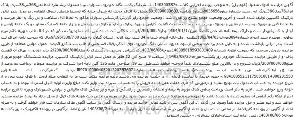 مزایده یکدستگاه خودروی سواری تیبا صندوقدار