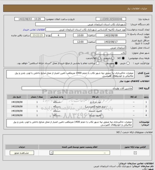 استعلام عملیات خاکبرداری تپه منجق تپه شهر تکاب با حجم 1400 مترمکعب تامین اعتبار از محل منابع داخلی با لودر، بلدزر و بیل مکانیکی  و خودروهای کمپرسی