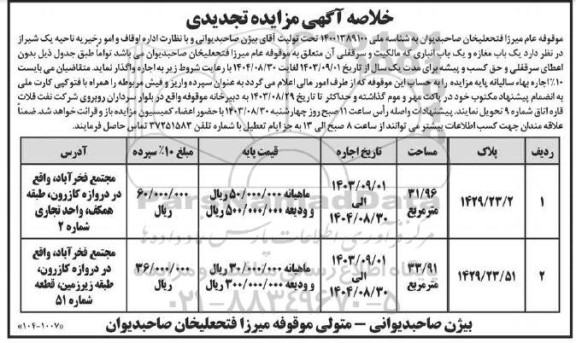 مزایده تجدیدی یک باب مغازه و یک باب انباری
