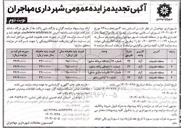 تجدید مزایده بهره برداری از چهار باب تجاری / نوبت دوم