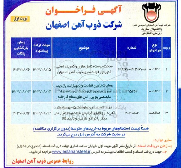 مناقصه ساخت پوسته کامل فلزی و کمربند اصلی ...
