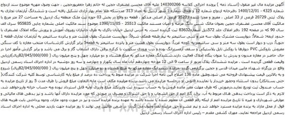 مزایده ششدانگ آپارتمان تجاری به پلاک ثبتی 20729 فرعی از 33 اصلی ، مفروز و مجزا شده از3523 فرعی از اصلی 