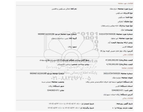 مزایده، ملک