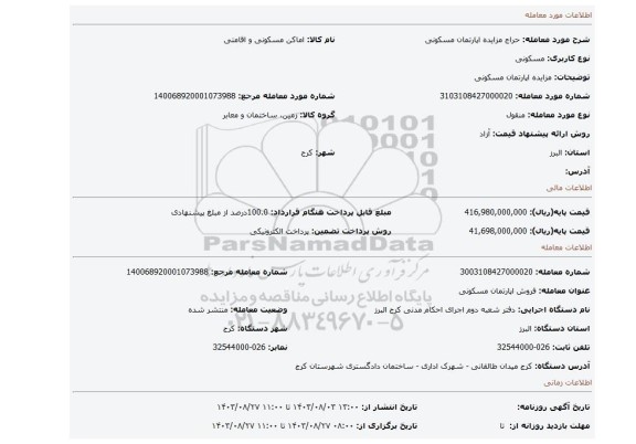 مزایده، مزایده اپارتمان مسکونی