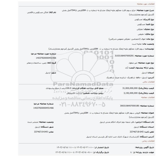 مزایده، سهم الارث محکوم علیه ازملک مشاع به شماره پ ث 284فرعی از7544اصل بخش 2اردبیل (مرحوم مختارارشدی)