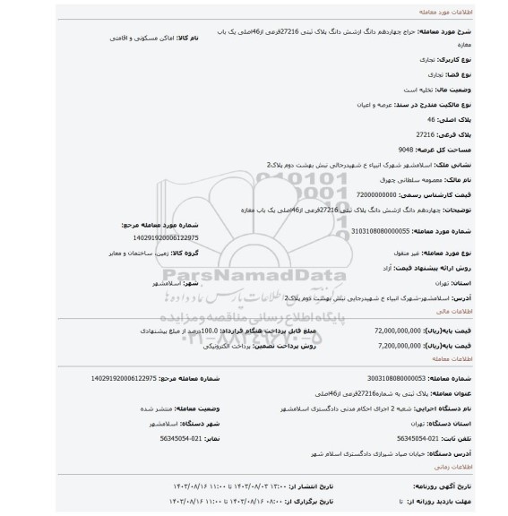 مزایده، چهاردهم دانگ ازشش دانگ پلاک ثبتی 27216فرعی از46اصلی یک باب مغازه