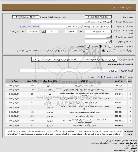 استعلام پروژه مرمت و بهسازی محوطه المان شهدای گمنام واقع در تپه نورالشهدا بام کلات شهر گراش