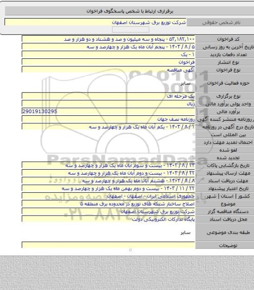 مناقصه, اصلاح ساختار شبکه های توزیع در محدوده برق منطقه ۵