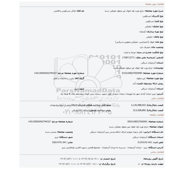 مزایده، حراج نوبت اول اموال غیر منقول معرفی شده