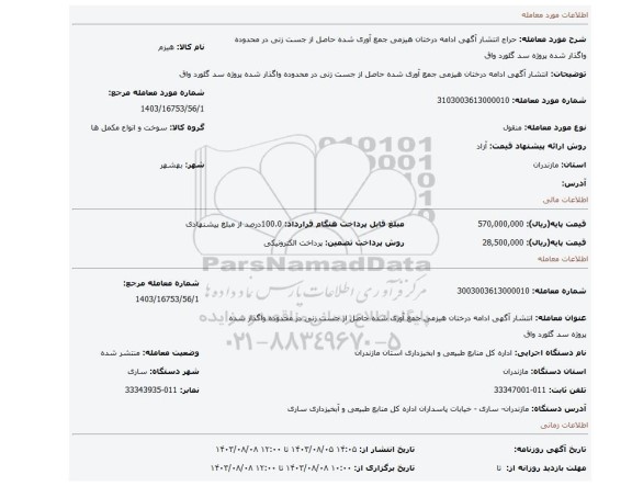 مزایده، انتشار آگهی ادامه درختان هیزمی جمع آوری شده حاصل از جست زنی در محدوده واگذار شده پروژه سد گلورد  واق