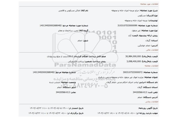 مزایده، عرصه اعیان خانه و محوطه