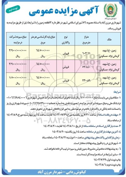 مزایده فروش 3 قطعه زمین کاربری مسکونی - نوبت دوم 