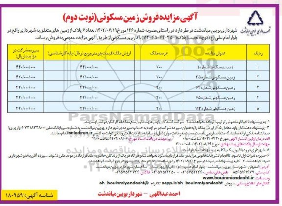 مزایده فروش تعداد 6 پلاک زمین، کاربری مسکونی - نوبت دوم