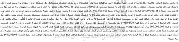 مزایده یک دستگاه خودرو سواری پژو پرشیا مدل 1379 به رنگ نقره ای متالیک 