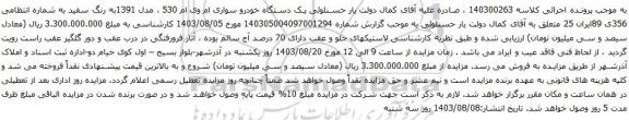 مزایده یک دستگاه خودرو سواری ام وی ام 530 ، مدل 1391به رنگ سفید 