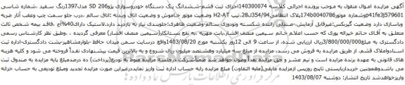 مزایده یک دستگاه خودروسواری پژو206 SD مدل1397رنگ سفید 