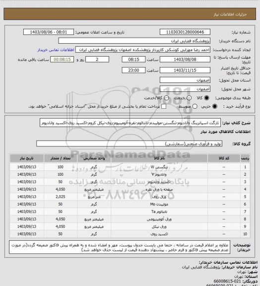 استعلام تارگت اسپاترینگ وانادیوم-تنگستن-مولیبدم-تانتالوم-نقره-آلومینیوم-روی-نیکل کروم-اکسید روی-اکسید وانادیوم