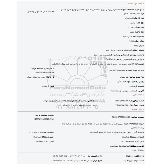 مزایده، 19 قطعه زمین زراعی آبی و 3 قطعه باغ مثمر و 1 قطعه باغ وزم و چنار و چاه در قریه تلمه پلاک 135 اصلی