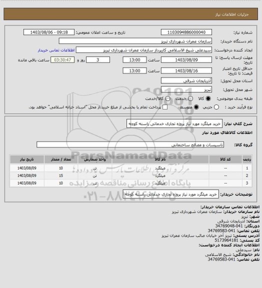 استعلام خرید میلگرد مورد نیاز پروژه تجاری خدماتی راسته کوچه