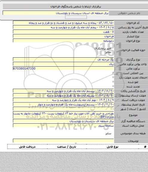 مناقصه, طراحی  و خرید آهن آلات مورد نیاز  خط ۶۳ کیلوولت پست ۲۳۰ کیلوولت چابهار به پست مکران (EP)