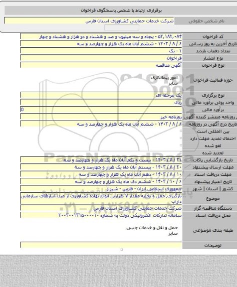 مناقصه, بارگیری٬حمل و تخلیه مقدار ۷ هزارتن انواع نهاده کشاورزی از مبدا انبارهای سازمانی داراب
