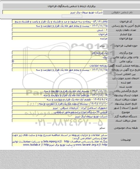 مزایده, فروش ۳۸ دستگاه انواع ترانسفورماتور اسقاطی