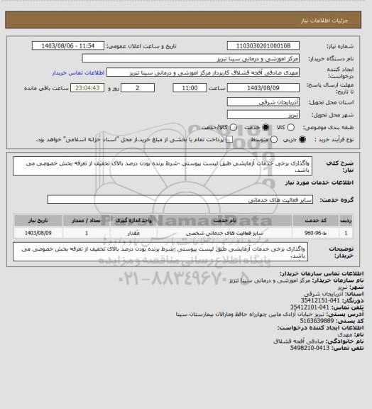 استعلام واگذاری برخی خدمات آزمایشی طبق لیست پیوستی -شرط برنده بودن درصد بالای تخفیف از تعرفه بخش خصوصی می باشد.