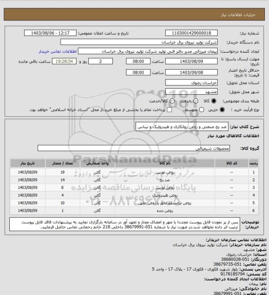 استعلام ضد یخ صنعتی و روغن روانکاری و هیدرولیک و نیناس