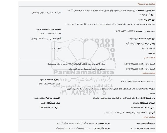 مزایده، مزایده مال غیر منقول واقع متعلق به ثالث  واقع در بابلسر امام خمینی 30 به شرح آگهی مزایده